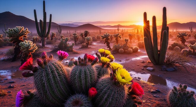 A breathtaking landscape of a desert at sunset with tall saguaro cacti and blooming desert flowers in the foreground. Warm golden light over the mountains