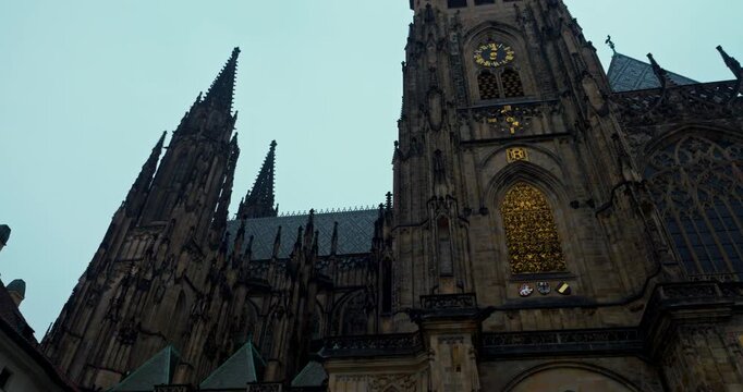 Close-up details of Prague Castle&rsquo;s historic architecture, engravings, and ornaments in the morning light. Blue winter atmosphere highlights the craftsmanship and Gothic-Baroque design.