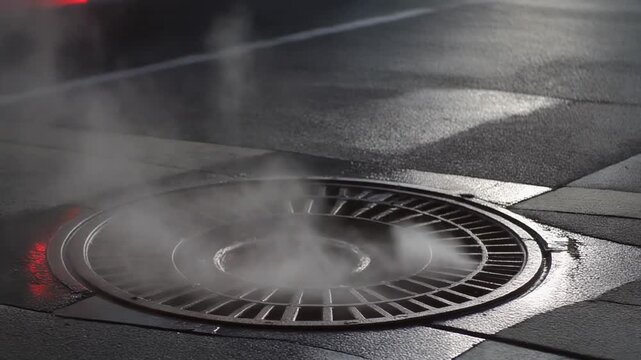 Steam rising from an urban manhole cover on a city street.