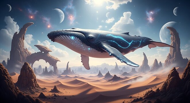 Enormous cosmic cetacean soars above an alien desert landscape under multiple moons