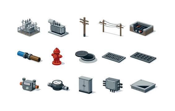Urban infrastructure utilities and services in simple isometric flat vector style: power substation, transformer, utility pole, overhead cable, underground