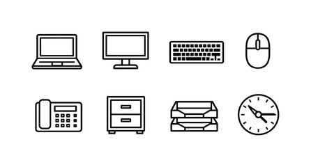 Revenue planning workspace in linear style: laptop, external monitor, keyboard, mouse, desk phone, filing cabinet, paper tray, wall clock