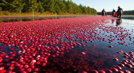 Fototapeta premium A flooded cranberry bog filled with floating red berries during the harvest, with workers in the background