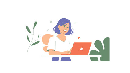 Woman Typing on Laptop with Purple Hair in Minimalist Setting