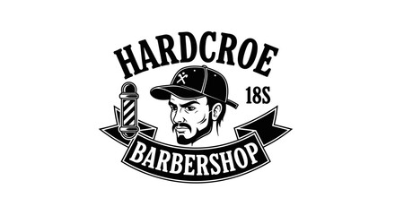Obraz premium Vintage Barbershop Logo with Man in Cap and Barber Pole.