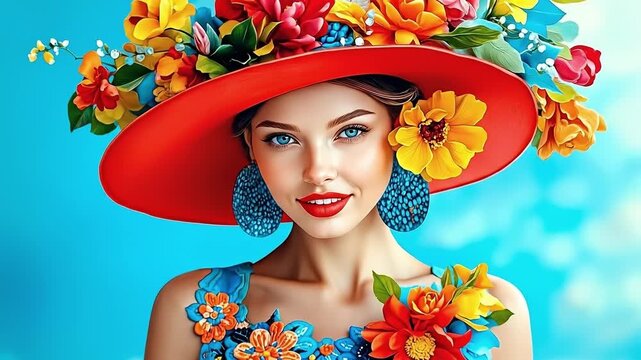 A woman wearing a red hat with flowers in her hair