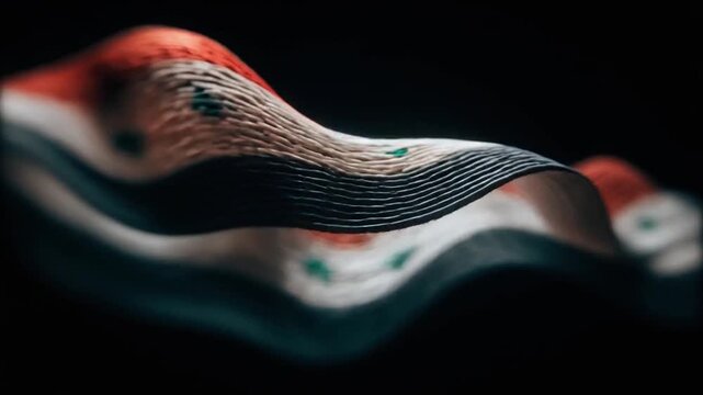 Close-up of a national flag waving against a black background, with visible colors and detailed texture