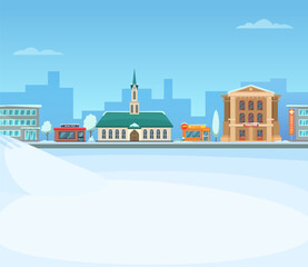 Obraz premium Winter city scene. Christmas card snow background