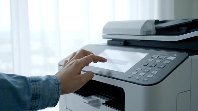 A hand touching a touchscreen interface on a multifunction office printer, blurred background