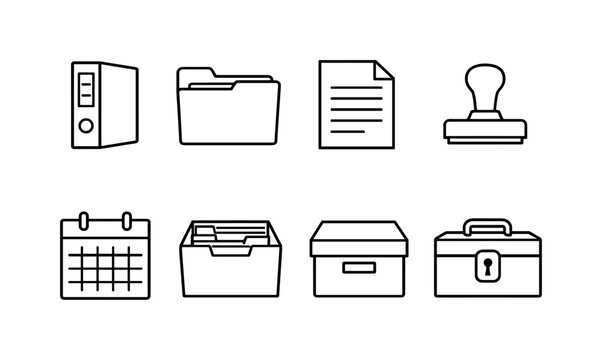 Operations compliance materials linear style: binder, document folder, paper sheet, stamp, calendar, filing box, archive box, lockbox