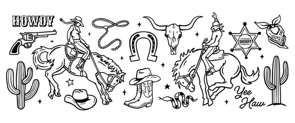 Western vector illustration set with cowboys on horseback, lasso, revolver, sheriff badge, skull, cactus, boots and vintage typography in bold hand drawn line art style. © cddesign.co