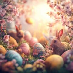 Naklejka premium Little bunnies finding colorful Easter eggs in spring garden. Cute bunnies celebrating Easter surrounded by decorated eggs and blooming cherry blossoms