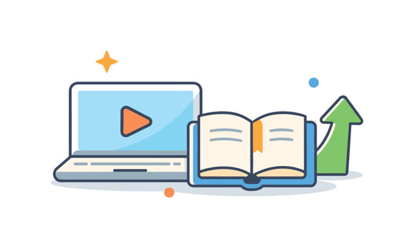 Remote learning and continuous personal development in a digital environment emphasizing accessibility and growth, a laptop paired with an open book and a small