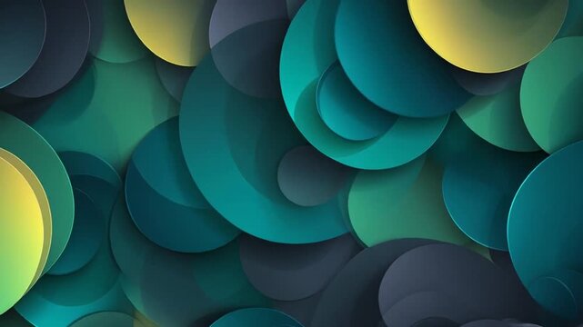 A vibrant composition featuring overlapping, textured circular forms in shades of blue and green