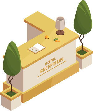 Hotel reception desk. Isometric lobby interior element
