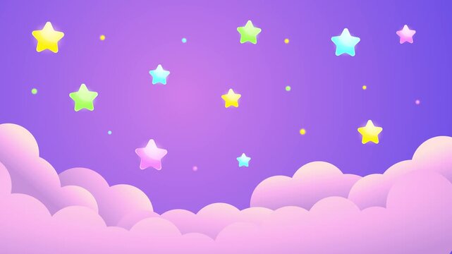 4K looping animation of a cute night sky with soft clouds and colorful stars. Adorable lullaby-themed video for children