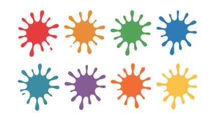 Eight colorful paint splatters on white background