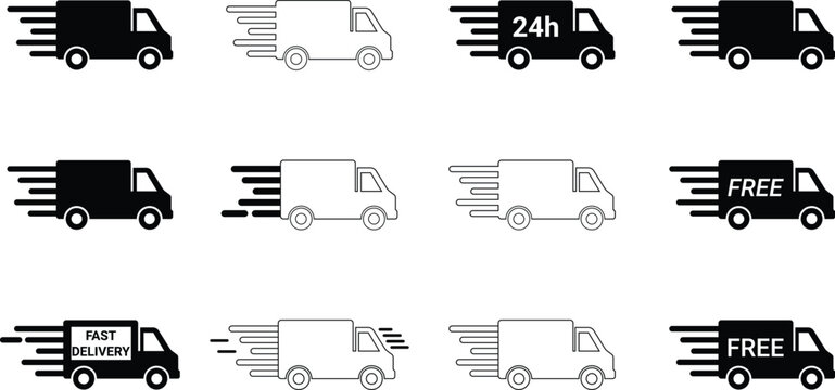 Fast delivery icon set. Rapid delivery icon set. Gratis shipping, express dispatch, 24h service, swift van. Truck pictogram on white background stock vector.