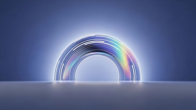 Glowing holographic iridescent semi-circle archway creates a futuristic neon light stage background presentation backdrop