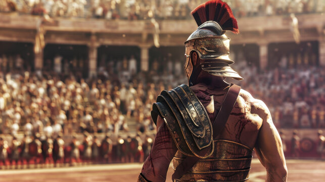 Ancient Gladiator's Arena: A stoic gladiator in gleaming armor stands defiantly in the ancient arena, his gaze fixed on the bustling crowd. A vivid tableau of valor and historical valor