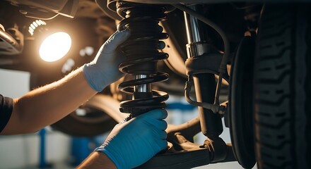 Close-up of mechanic's gloved hands carefully adjusting a car's shock absorber during a vehicle repair.
