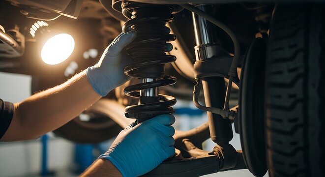 Close-up of mechanic's gloved hands carefully adjusting a car's shock absorber during a vehicle repair.