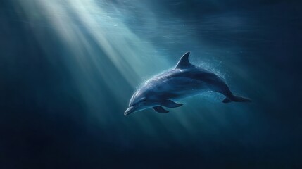 Fototapeta premium Dolphin Navigates Through Light Beams in Underwater Scene, Exploring Choices and Uncertainty in a Minimal Composition