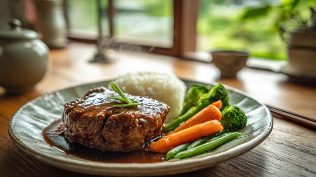 Japanese-style Hambagu Steak on Ceramic Plate with Rice and Demi-Glace