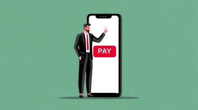 Mobile payment concept with businessman pressing "Pay" on phone
