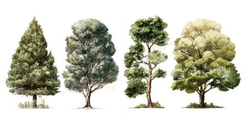 Four different types of trees in a row with varying shades of green and yellow leaves © DARK TRUST