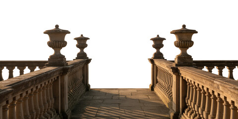 Obraz premium Stone balustrade walkway with decorative urns leading towards a bright transparent background, isolated on transparent background