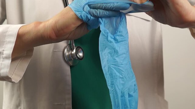 A healthcare professional removes and prepares to discard used protective gloves, demonstrating adherence to medical waste and safety protocols.