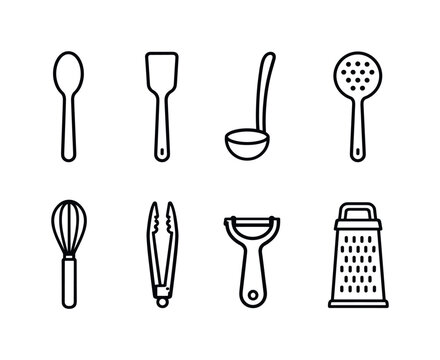 Kitchen Utensil Icons. Home kitchen utensil essentials: wooden spoon, spatula, ladle, slotted spoon, whisk, tongs, peeler, grater