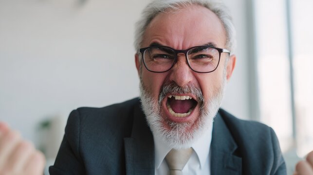 Man in a suit and glasses is angry and yelling