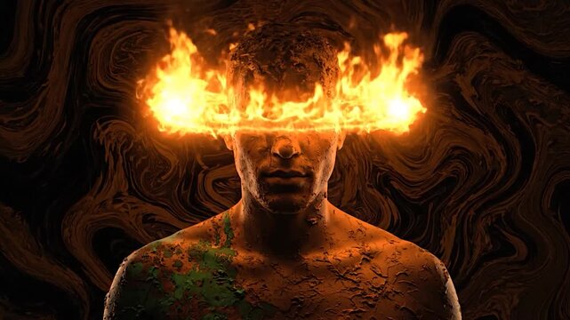 A human face covered in mud, fire exploding from head, with swirling background