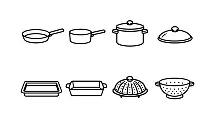 Kitchen Cookware Icons. Home kitchen cookware essentials: frying pan, saucepan, stockpot, lid, baking tray, roasting dish, steamer basket, colander