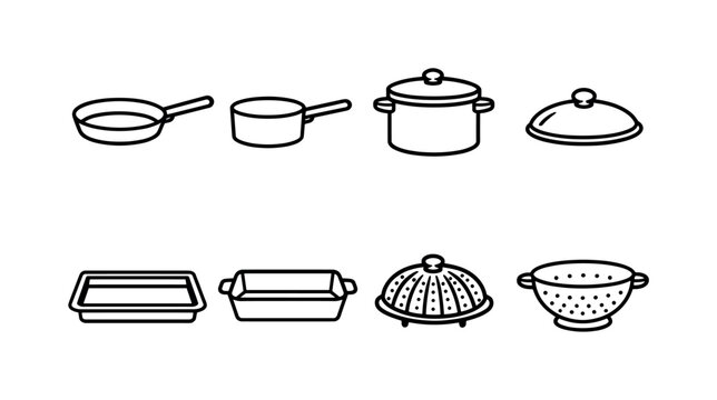 Kitchen Cookware Icons. Home kitchen cookware essentials: frying pan, saucepan, stockpot, lid, baking tray, roasting dish, steamer basket, colander