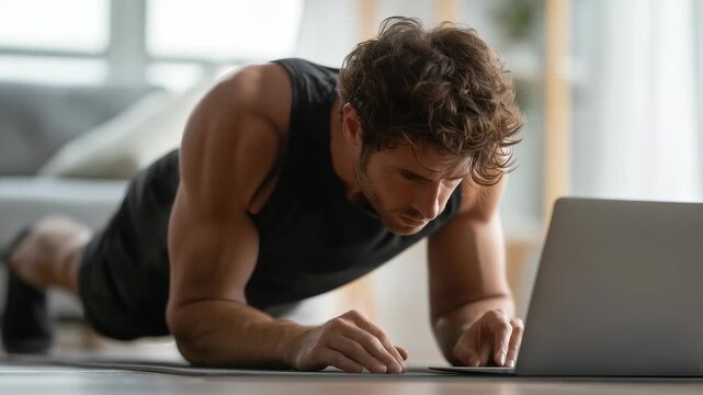 Athletic male performing plank position and following virtual workout instructions on his laptop in a bright living room. Home fitness, online training, and self improvement through digital platforms
