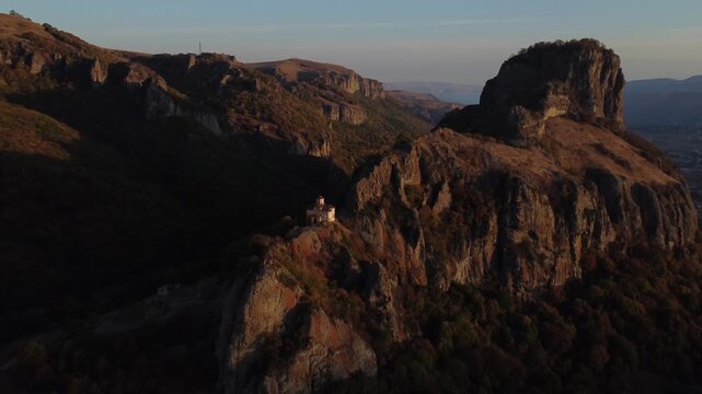 The Shoani Temple is a Christian cathedral belonging to the historical Alanian diocese, built in the late 10th century, located in the territory of modern-day Karachay-Cherkessia, as seen from a drone