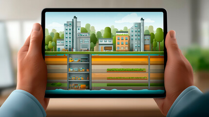 Digital illustration of smart city with underground infrastructure and vertical farming displayed on tablet representing sustainable urban technology