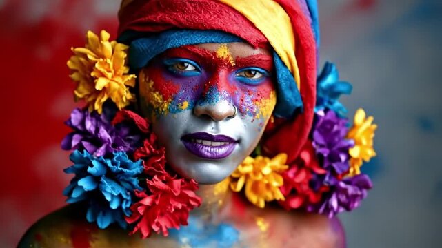 A woman with colorful face paint and flowers on her face