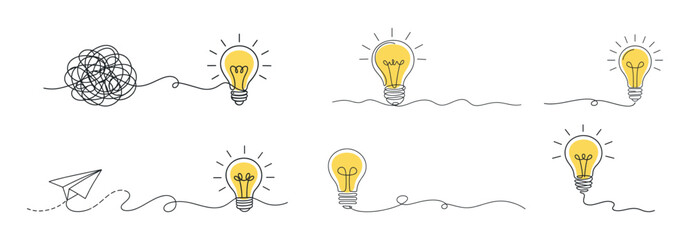 Continuous one line light bulb idea illustration set, creative solution concept with tangled line and paper plane, hand drawn minimal vector on transparent background