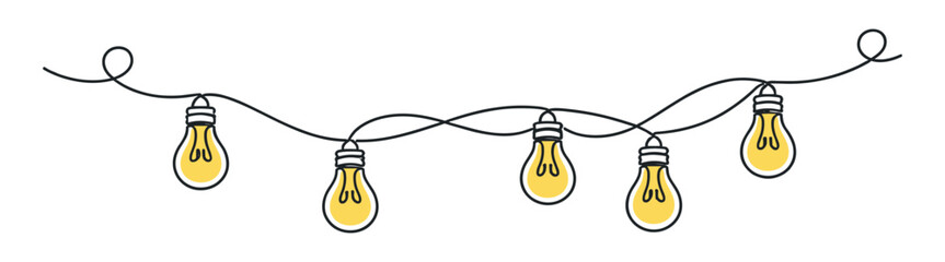 Hand drawn string lights garland with glowing bulbs, decorative festoon lighting doodle line vector illustration on transparent background