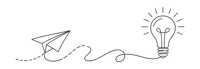 Paper plane flying to light bulb idea concept continuous one line vector illustration on transparent background