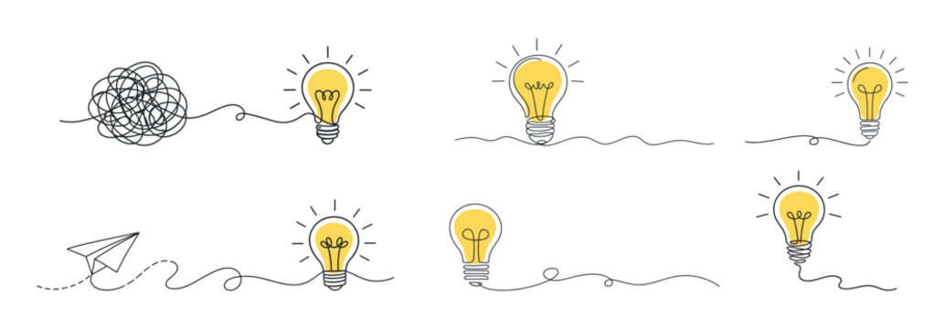 Continuous one line light bulb idea illustration set, creative solution concept with tangled line and paper plane, hand drawn minimal vector on transparent background