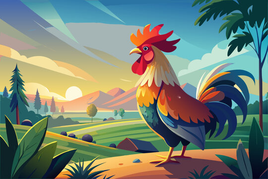 Proud rooster with vibrant colorful feathers crowing at dawn in misty field as sun rises creating peaceful rural morning atmosphere nature wildlife scene