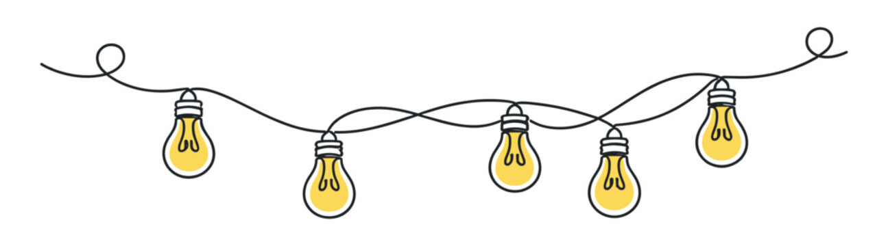 Hand drawn string lights garland with glowing bulbs, decorative festoon lighting doodle line vector illustration on transparent background