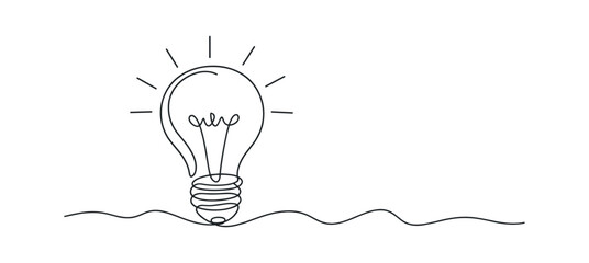 Minimalist continuous line drawing of light bulb, creative idea and innovation concept, modern single line vector illustration on transparent background