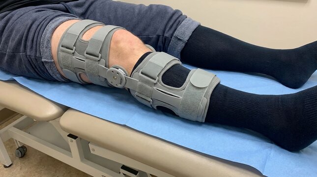 Person wearing knee brace on examination table in medical setting