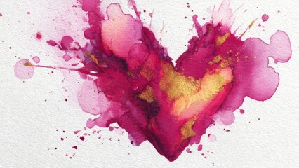 Abstract watercolor bleeding heart with crimson and gold ink